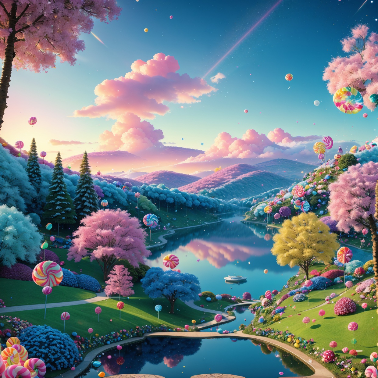vibrant candy-colored landscape,  candy-coated trees and rolling hills,  glimmering sugar trails on Tensor.Art