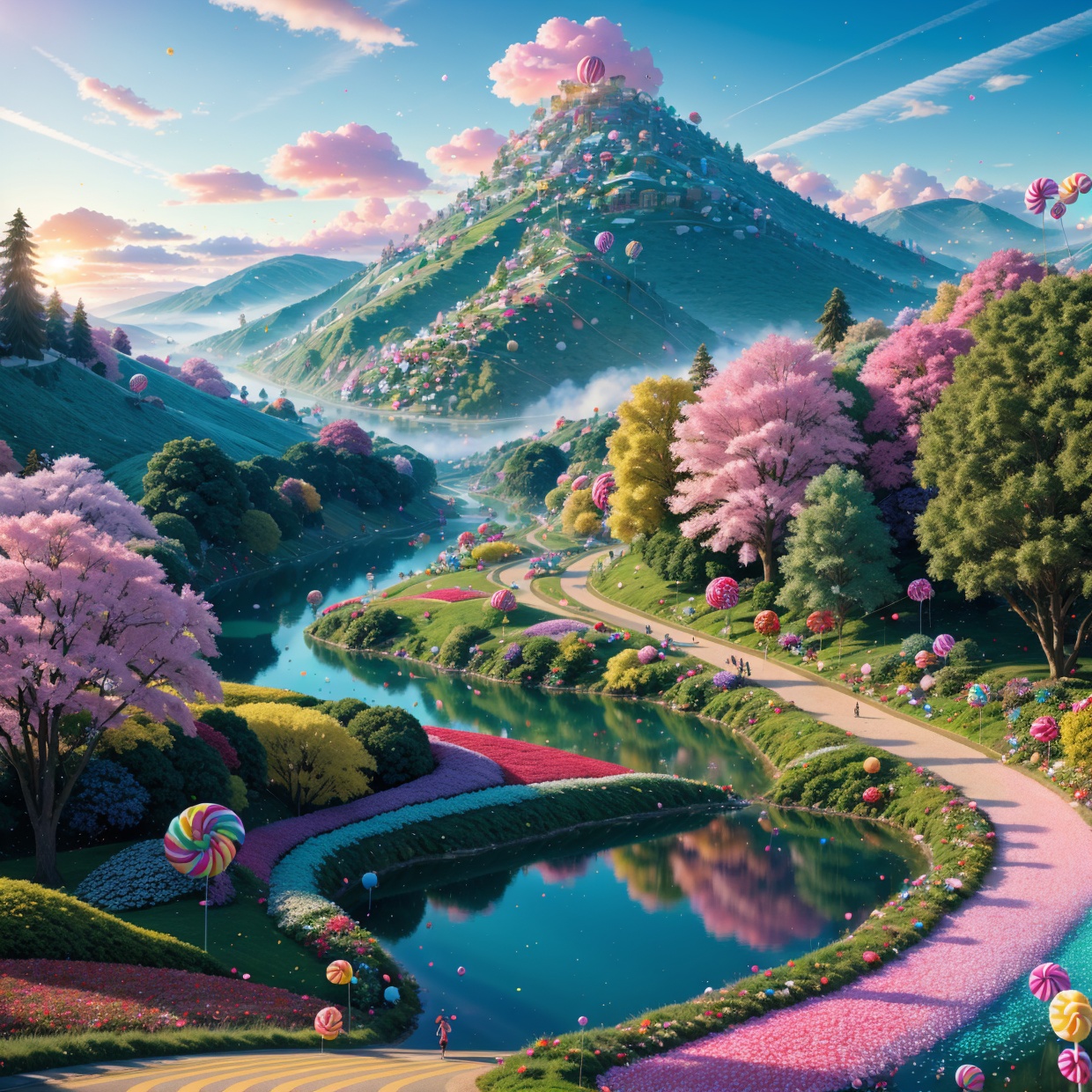 vibrant candy-colored landscape,  candy-coated trees and rolling hills,  glimmering sugar trails on Tensor.Art
