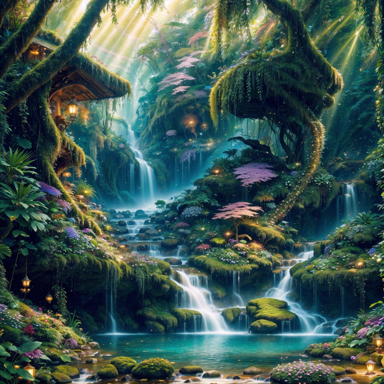 ultra-detailed,  beautiful wild and natural fantasy landscape with glowing lights,  enchanted forest on Tensor.Art