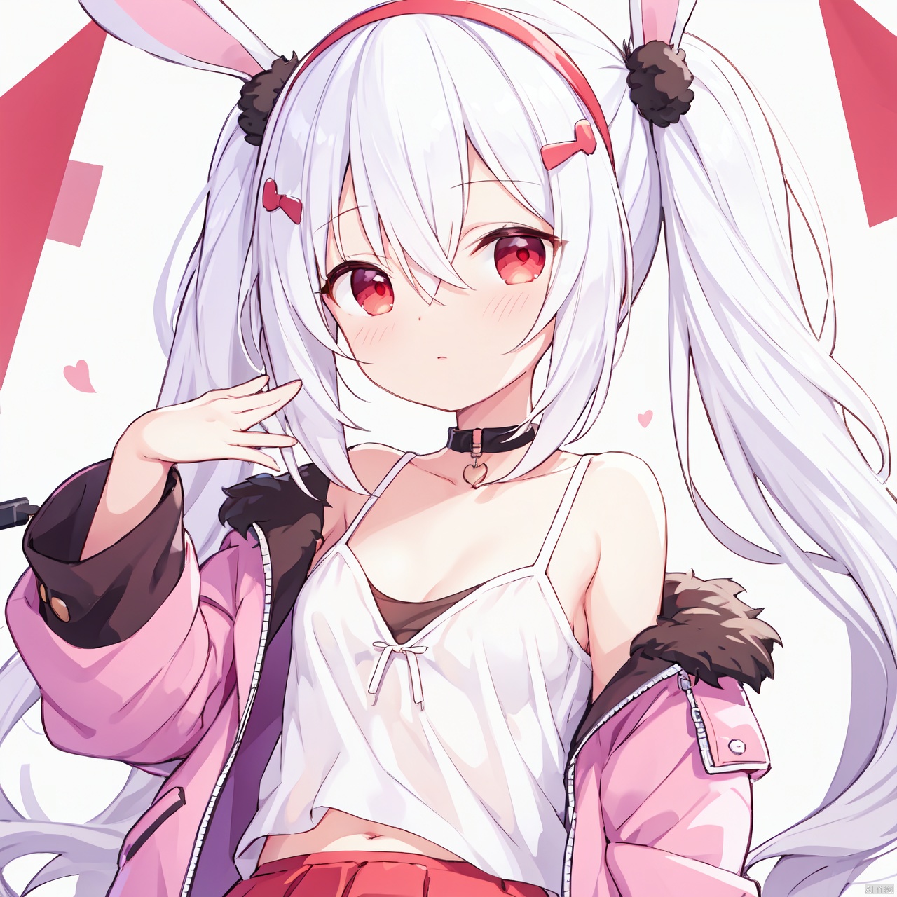 komeiji koishi,close-up,face focus, long hair, bangs, skirt, red eyes,  long sleeves,  animal ears, hair between eyes, twintails, very long hair, jacket, white hair, hairband, small breasts,open clothes, cloud, rabbit ears,  open jacket, fur trim, camisole, red hairband, pink jacket, white camisole, laffey \(azurlane\),laffeyAL