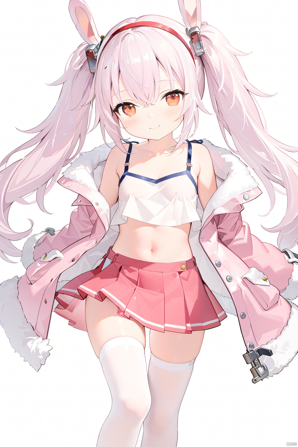 1girl,solo,(masterpiece:1.3),( beautiful:1.2),(high quality:1.2),(finely detailed:1.2),extremely detailed CG unity 8k wallpaper,best quality,a very delicate and beautiful,(perfect fingers),(one cute girl at the center:1.2),blush,smile,shy,looking_at_viewer,
 long hair, bangs, skirt, red eyes, thighhighs, long sleeves, navel, animal ears, hair between eyes, twintails, very long hair, jacket, ((white hair)), pleated skirt, hairband, small breasts,open clothes, midriff, cloud, rabbit ears, white thighhighs, open jacket, fur trim, red skirt, white footwear, camisole, red hairband, pink jacket, stripes,white camisole, laffey \(azurlane\), laffeyAL,