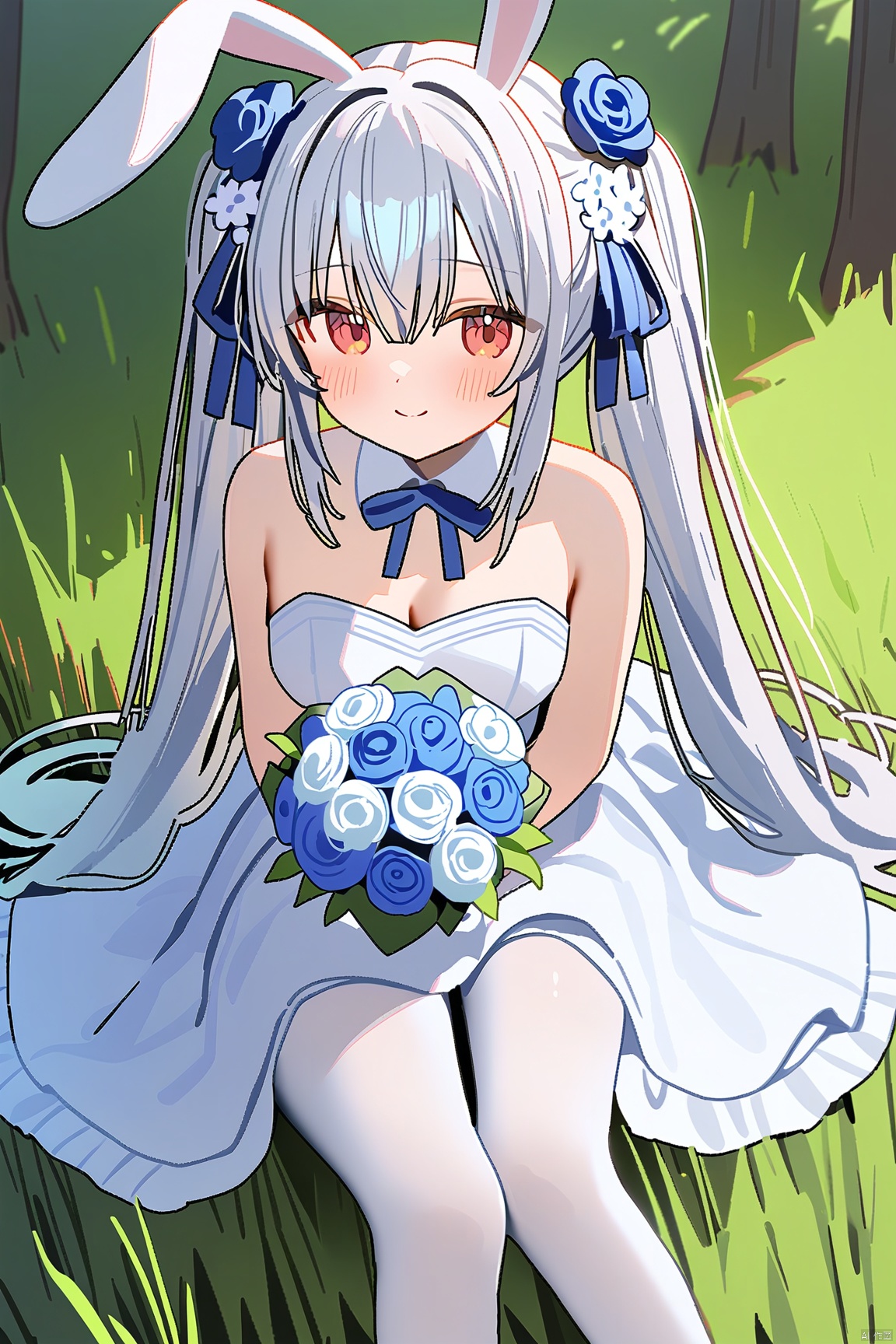 1girl,solo,(masterpiece:1.3),( beautiful:1.2),(high quality:1.2),(finely detailed:1.2),extremely detailed CG unity 8k wallpaper,best quality,a very delicate and beautiful,(perfect fingers),(one cute girl at the center:1.2),blush,smile,shy,looking_at_viewer,
long hair, hair ornament, red eyes, dress, ribbon, animal ears, hair between eyes, bare shoulders, twintails, very long hair, flower, white hair, pantyhose, sleeveless, hair flower, white dress, rabbit ears, official alternate costume, sleeveless dress, fake animal ears, rose, white footwear, white flower, blue ribbon, white pantyhose, blue flower, bouquet, wedding dress, blue rose, holding bouquet, laffeyWedding, laffeyAL, ningen mame,sunlight,outdoors,woods,lawn,sitting