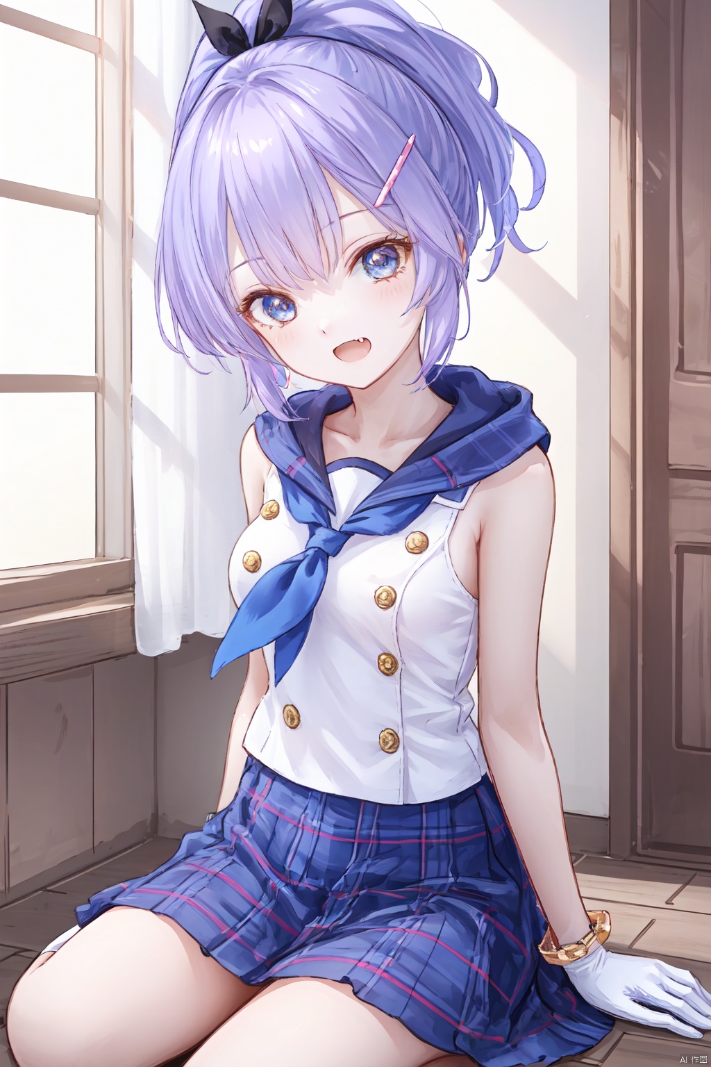  1girl,solo,(masterpiece:1.3),( beautiful:1.2),(high quality:1.2),(finely detailed:1.2),extremely detailed CG unity 8k wallpaper,best quality,a very delicate and beautiful,perfect fingers,(one cute girl at the center:1.2),

 breasts, bangs, blue eyes, skirt, hair ornament, gloves, ribbon, hair between eyes, bare shoulders, jewelry, hair ribbon, ponytail, purple hair, pleated skirt, small breasts, socks, fang, white gloves, hood, bracelet, head tilt, plaid, black ribbon, plaid skirt, crown, high ponytail, black socks, seiza, camisole, single glove, purple skirt, mini crown, tilted headwear, white camisole, cross hair ornament, javelin\(azurlane\), 
open_mouth, smile, colorful, sunlight, daytime, sunshine,javelinAL