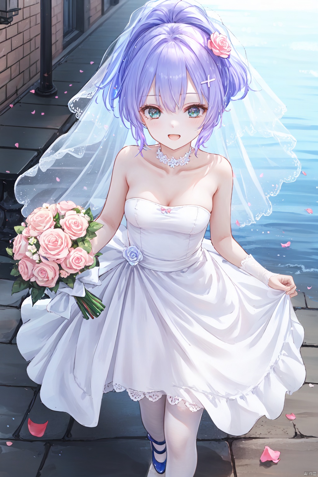  1girl,solo,(masterpiece:1.3),( beautiful:1.2),(high quality:1.2),(finely detailed:1.2),extremely detailed CG unity 8k wallpaper,best quality,a very delicate and beautiful,perfect fingers,(one cute girl at the center:1.2),

bangs, hair ornament, dress, bow, ribbon, hair between eyes, bare shoulders, green eyes, ponytail, purple hair, flower, pantyhose, small breasts, white dress, high heels, petals, strapless, rose, white footwear, veil, bridal gauntlets, strapless dress, pink flower, ((white pantyhose)), thighband pantyhose, bouquet, wedding dress, purple flower, bridal veil, torpedo, pink rose, holding bouquet, javelinWedding, 
open_mouth, smile, colorful, sunlight, daytime, sunshine,javelinAL