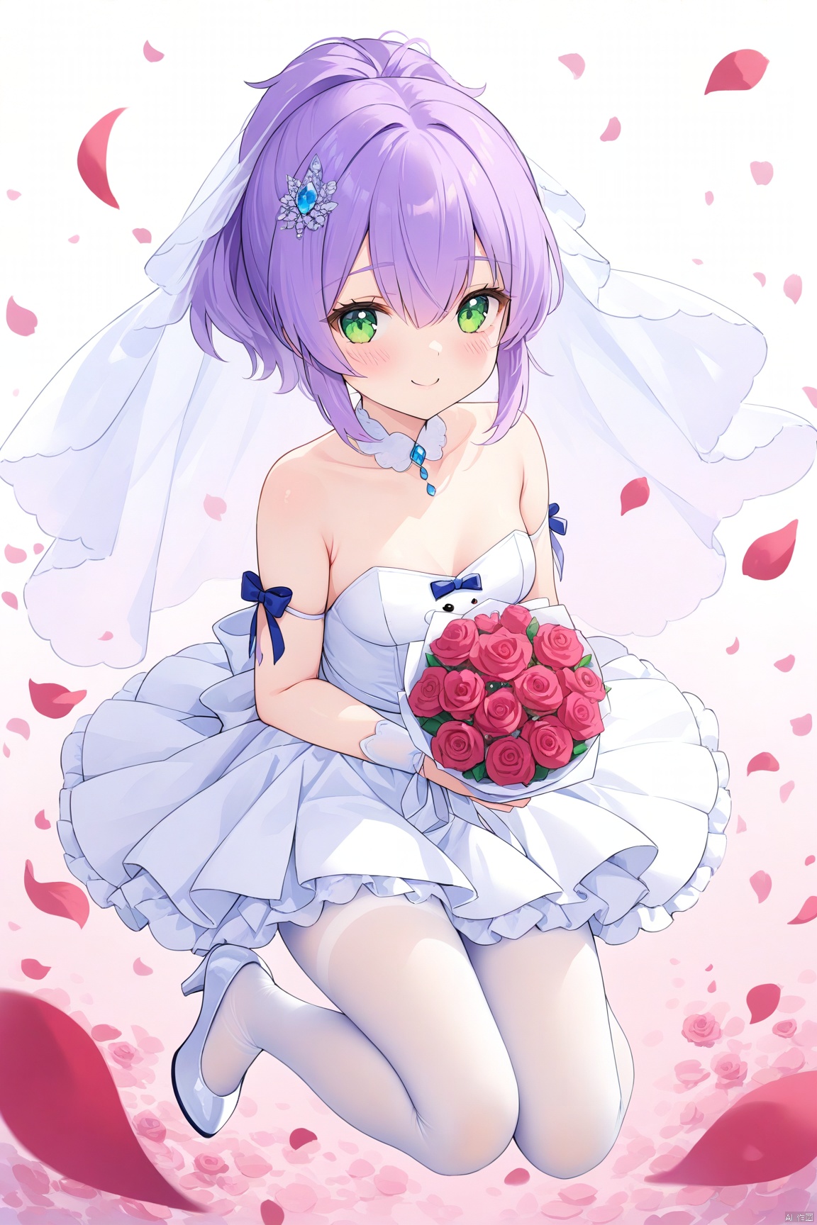  1girl,solo,(masterpiece:1.3),( beautiful:1.2),(high quality:1.2),(finely detailed:1.2),extremely detailed CG unity 8k wallpaper,best quality,a very delicate and beautiful,(perfect fingers),(one cute girl at the center:1.2),blush,smile,shy,looking_at_viewer,

bangs, hair ornament, dress, bow, ribbon, hair between eyes, bare shoulders, green eyes, ponytail, purple hair, flower, pantyhose, small breasts, white dress, high heels, petals, strapless, rose, white footwear, veil, bridal gauntlets, strapless dress, pink flower, white pantyhose, thighband pantyhose, bouquet, wedding dress, purple flower, bridal veil, torpedo, pink rose, holding bouquet, javelinWedding, javelinAL
