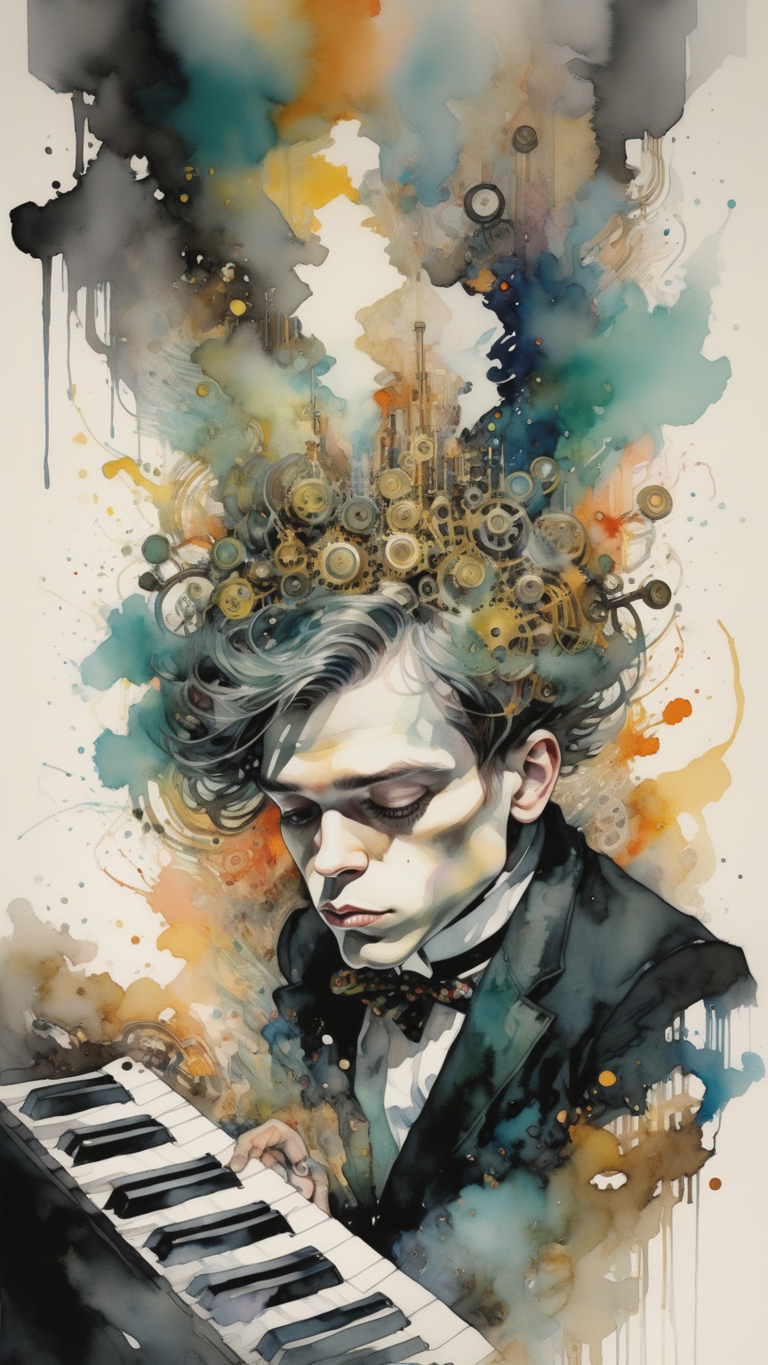 Glenn Gould playing a keyboard,  surrounded by steampunk gear,  tubes and colored liquids. Art by Agnes Cecile on Tensor.Art