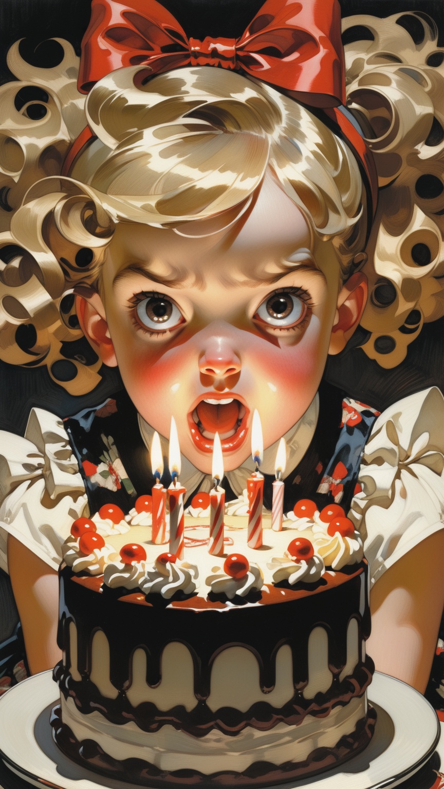 Painting of a beautiful young girl wearing a headband bow and sitting behind a birthday cake. Very dark night scene. Stron...