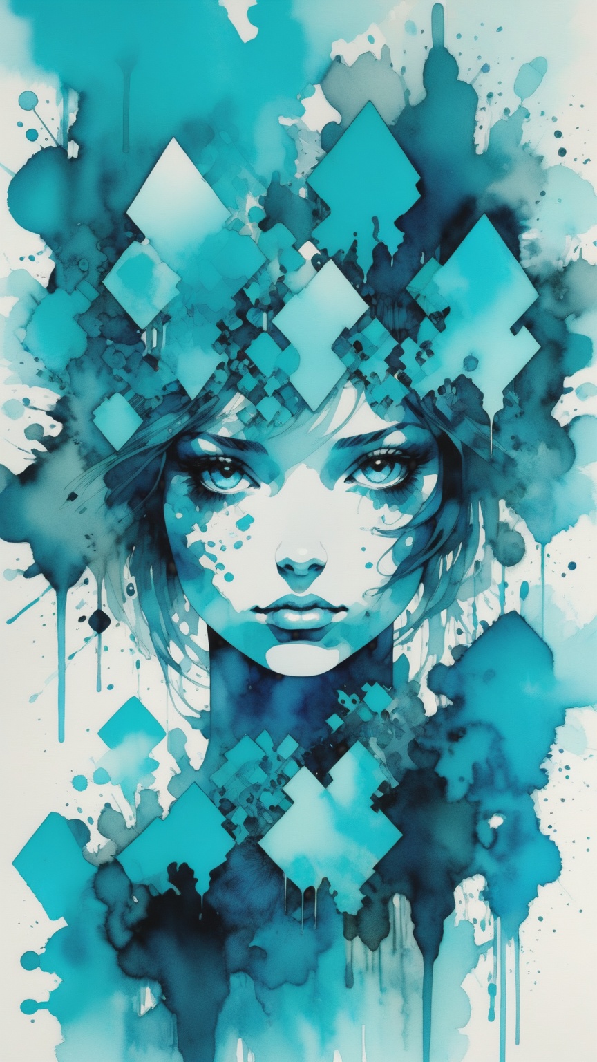 Beautiful Girl in the style of cyan and blue,  inkblots,  made of crystals on Tensor.Art