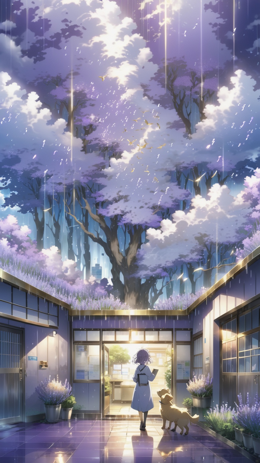 anime key visual,  landscape of a Radiant Lavender,  Pale Blue and Silver Veterinary clinic and The Golden Fleece on Tenso...