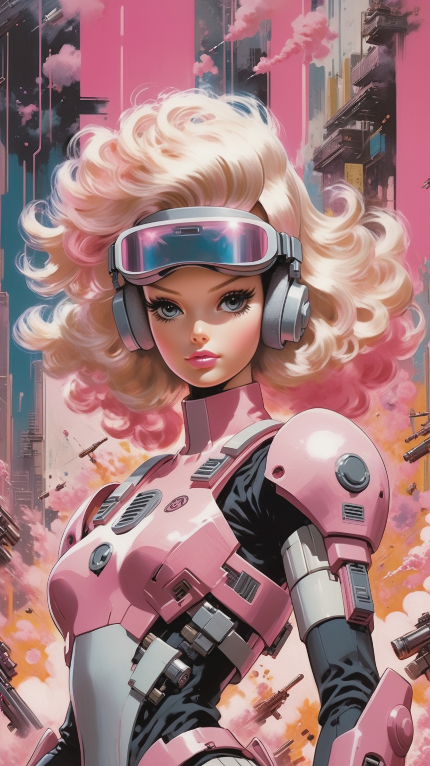 Anime artwork. Barbie doll wearing VR helmet and pink cyberpunk armor,  shooting a big gun,  a nuclear explosion backgroun...