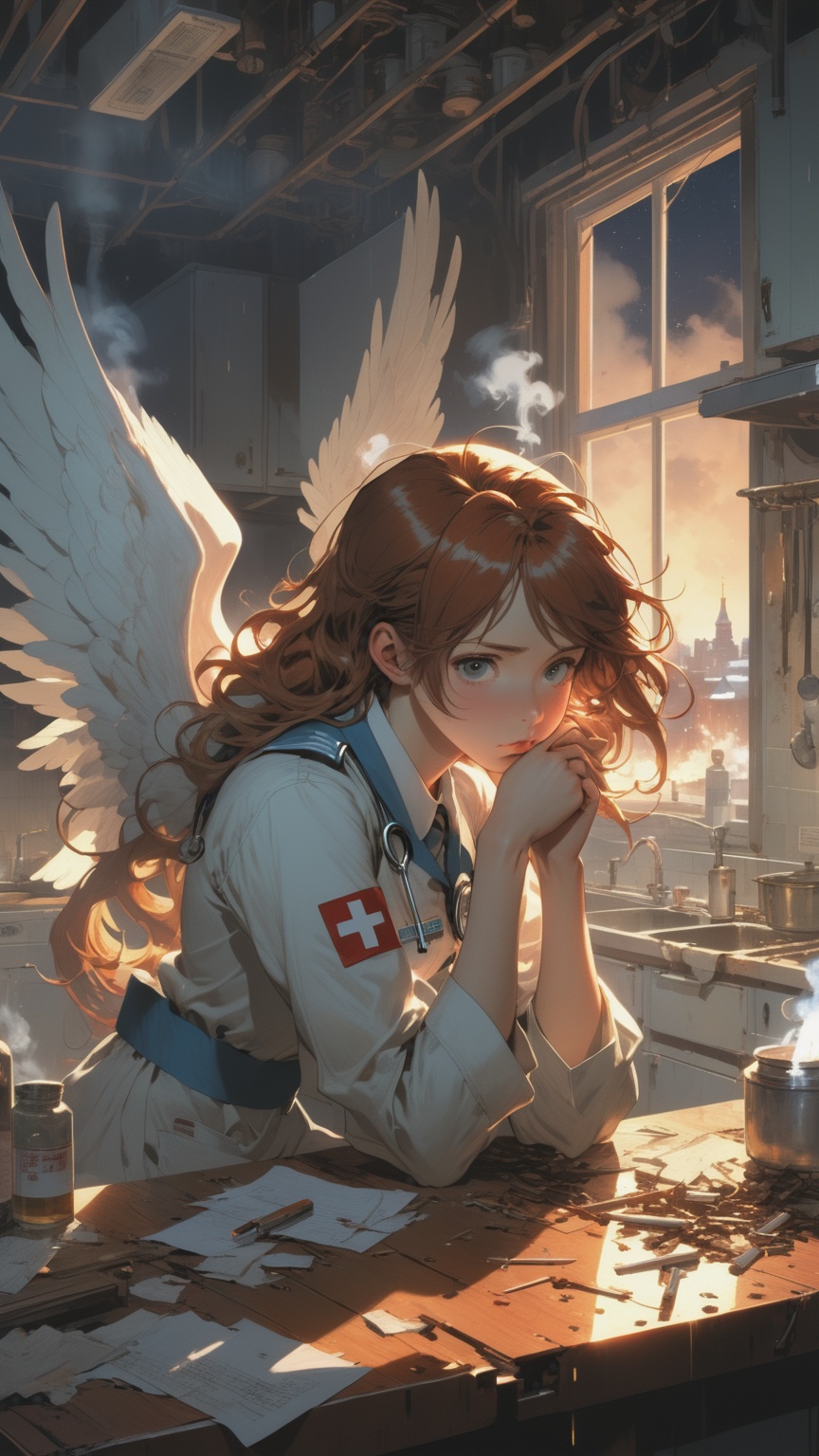Anime artwork. depressed angel anime girl (she has wings and long reddish hair and wearing a nurse uniform) sitting in a d...