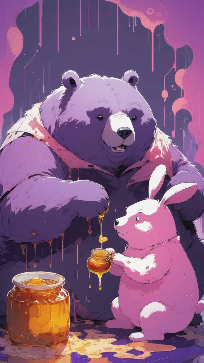 Photo of a purple fat bear eating a pot of honey,  while a pink rabbit looks on. Negative prompt: Anime,  cartoon on Tenso...