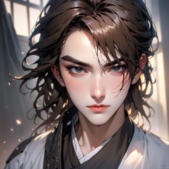 {very detailed light},{painting},{{very fine 8K CG wallpaper}}, (Premium, Best Quality, Art, Beauty and Aesthetics: 1.2), light gray background, 1boy, solo, looking at viewer, brown hair, shirt, black eyes, closed mouth, indoors, lips, buttons ,close up,Full body lens, boy