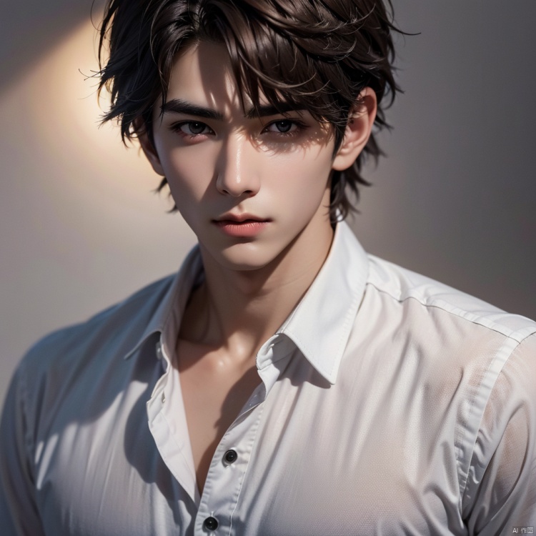 {very detailed light},{painting},{{very fine 8K CG wallpaper}}, (Premium, Best Quality, Art, Beauty and Aesthetics: 1.2), light gray background, 1boy, solo, looking at viewer, brown hair, shirt, black eyes, closed mouth, indoors, lips, buttons ,close up,Full body lens