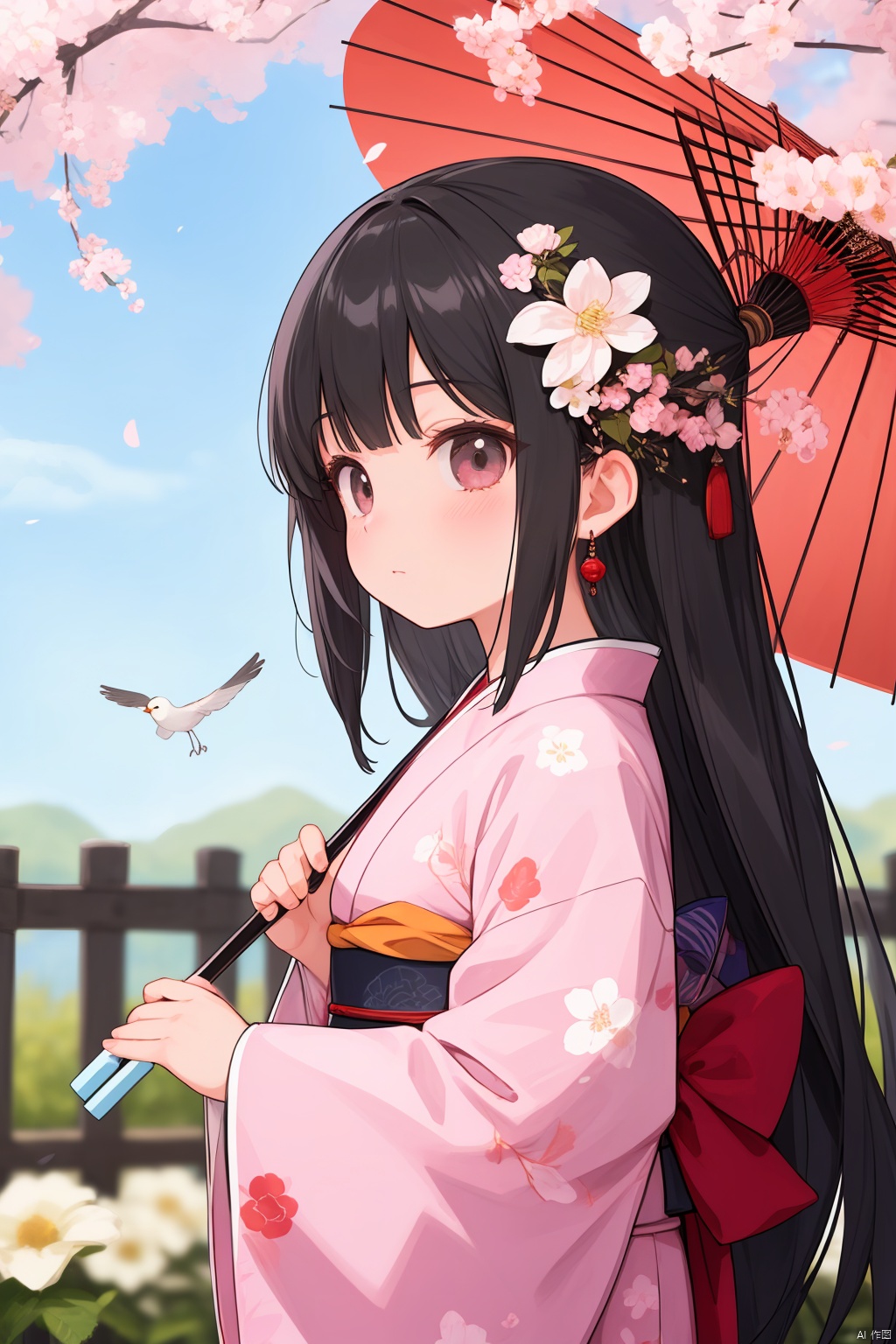  "(best quality),(ultra detailed),(clean face),(beautiful face),(smooth skin),(high quality),(fine texture),(unparalleled masterpiece),(surreal 8k)" ,1girl, solo, long hair, bangs, black hair, hair ornament, long sleeves, holding, jewelry, closed mouth, standing, flower, earrings, outdoors, japanese clothes, hair flower, wide sleeves, kimono, from side, bird, umbrella, chinese clothes, floral print, white flower, cherry blossoms, tassel, pink flower, holding umbrella, branch, oil-paper umbrella, hanfu, crane \(animal\)