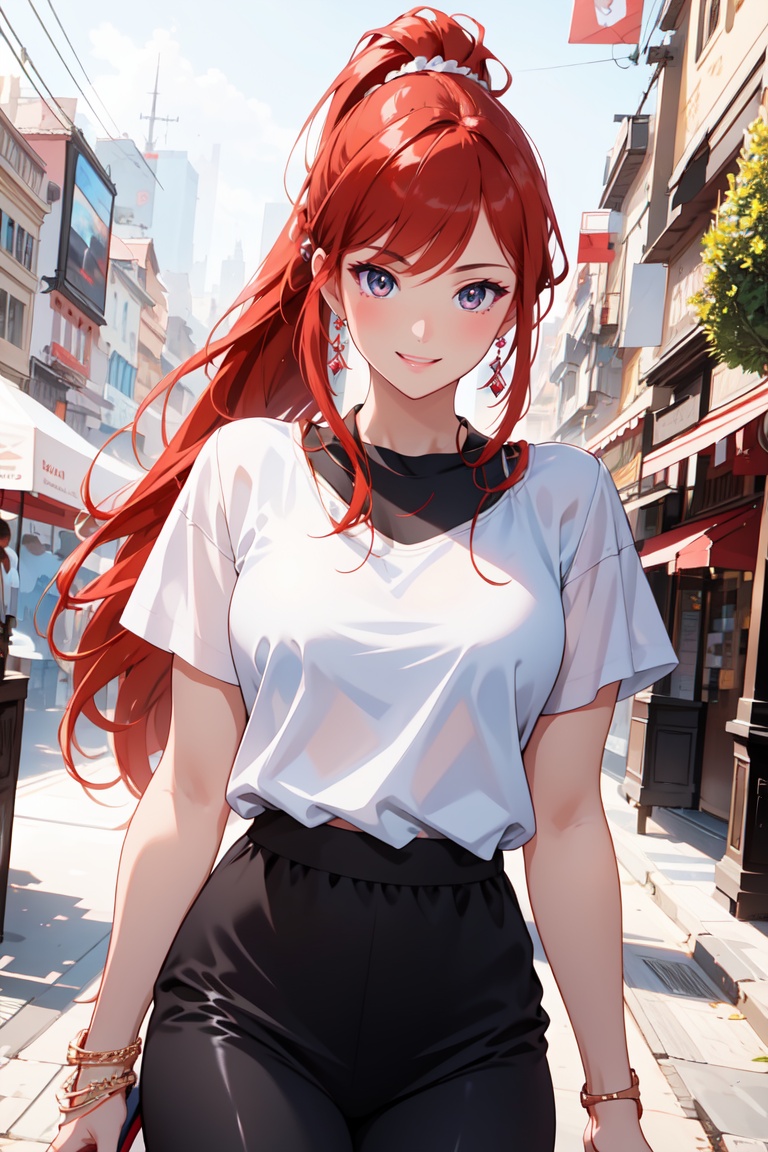 Pretty and beautiful girl. She wears a very fancy summer casual outfit (Black sportswear,  white blouse,  white tennis). S...