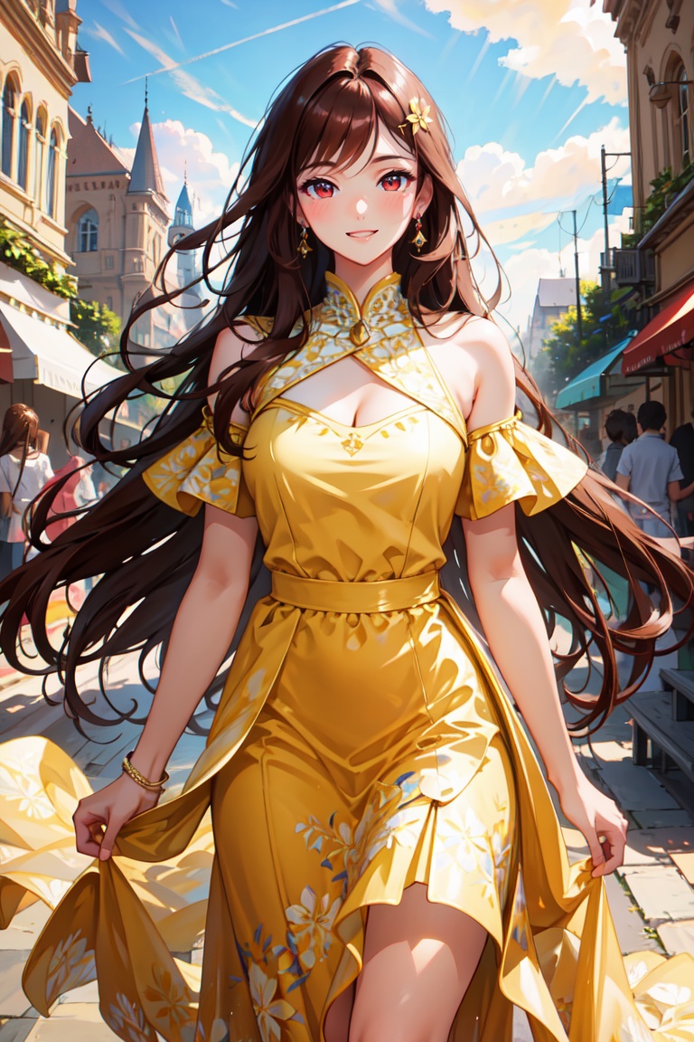 Pretty and beautiful girl. She wears a very fancy summer casual dress. She is a very badass. Hyperdetailing masterpiece,...