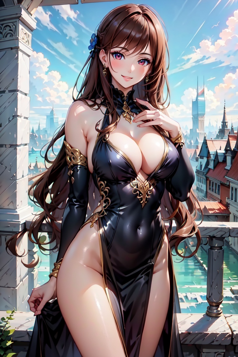 Pretty and beautiful girl. She wears a very fancy summer casual dress. She is a very badass. Hyperdetailing masterpiece,...