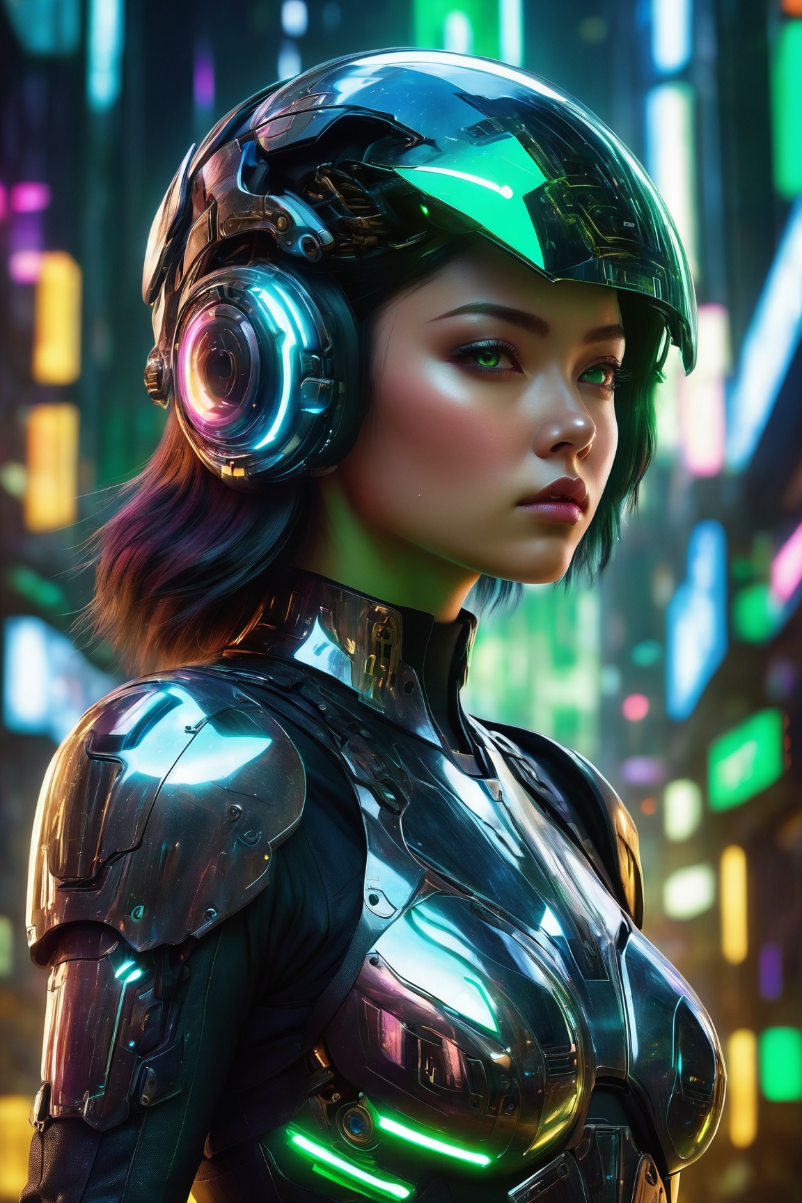(ultra detailed,  hyper-realism),  a digital artwork featuring a girl adorned in an elegant black and silver cyborg armor...