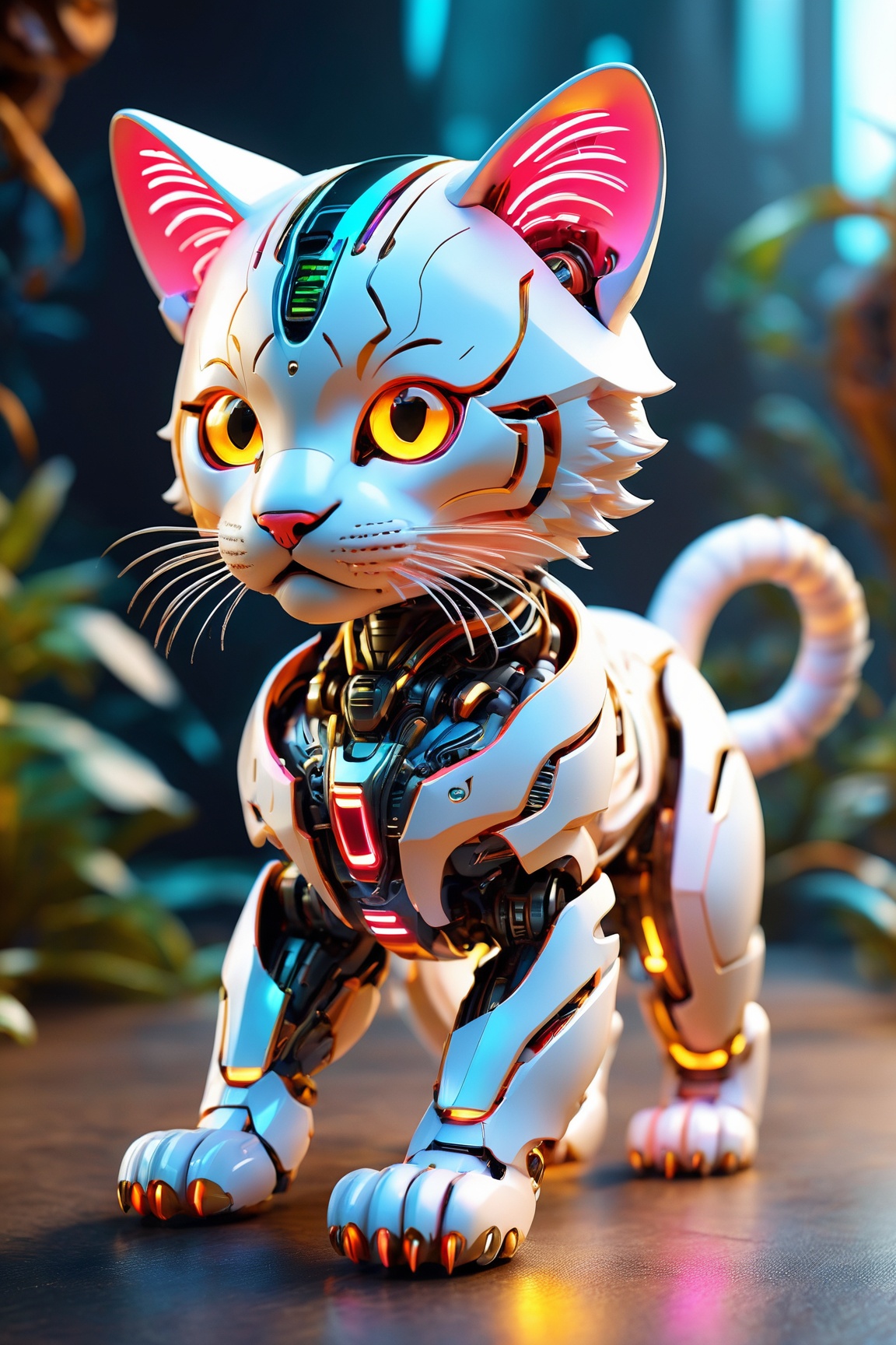 (cute and futuristic),  envision a delightful cyborg tiger cub with neon-glowing mechanical enhancements. Picture the ador...