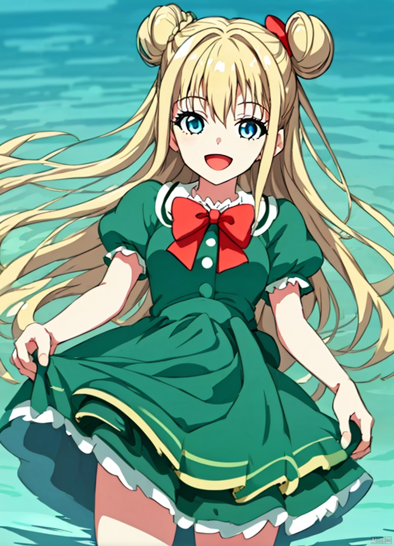 1girl, solo, long hair, looking at viewer, smile, open mouth, blue eyes, blonde hair, dress, bow, short sleeves, :d, hair bun, red bow, double bun, green dress,In the water,,