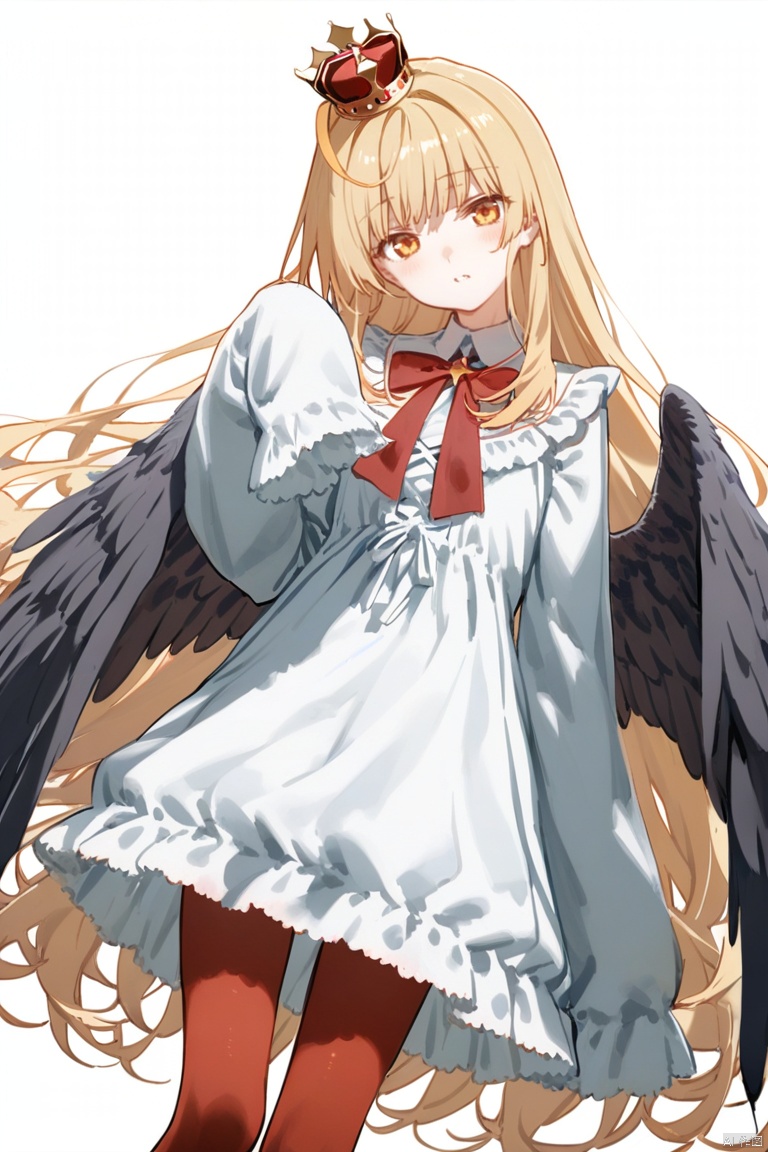 1girl, solo, long hair, looking at viewer, bangs, blonde hair, long sleeves, white background, dress, bow, very long hair, closed mouth, yellow eyes, pantyhose, frills, wings, wide sleeves, white dress, red bow, head tilt, sleeves past wrists, feet out of frame, frilled dress, crown, feathered wings, sleeves past fingers, black wings, mini crown, red pantyhose