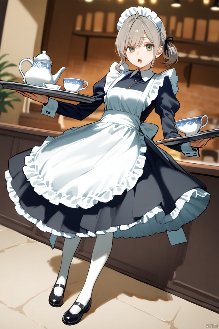 1girl, solo, looking at viewer, open mouth, long sleeves, dress, green eyes, full body, grey hair, pantyhose, shoes, black footwear, apron, cup, maid, maid headdress, mary janes, maid apron, tray, white pantyhose, teacup, teapot
