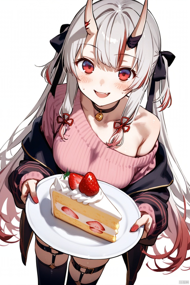 1girl, solo, long hair, breasts, looking at viewer, blush, smile, open mouth, bangs, simple background, hair ornament, red eyes, thighhighs, long sleeves, white background, bow, ribbon, holding, bare shoulders, twintails, collarbone, hair ribbon, white hair, :d, hair bow, red hair, multicolored hair, food, horns, choker, fang, black thighhighs, virtual youtuber, off shoulder, sweater, streaked hair, gradient hair, thigh strap, fruit, black choker, x hair ornament, plate, cake, oni horns, oni, strawberry, fork, off-shoulder sweater, holding plate, holding fork, pink sweater, cake slice, incoming food, nakiri ayame