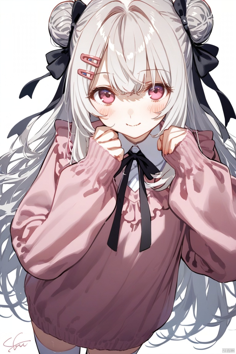 1girl, solo, long hair, looking at viewer, blush, smile, bangs, shirt, hair ornament, thighhighs, long sleeves, white background, dress, bow, ribbon, hair between eyes, closed mouth, standing, white hair, hair bow, frills, hairclip, puffy sleeves, signature, pink eyes, hair bun, sweater, white thighhighs, sleeves past wrists, hands up, double bun, black ribbon, black bow, neck ribbon, puffy long sleeves