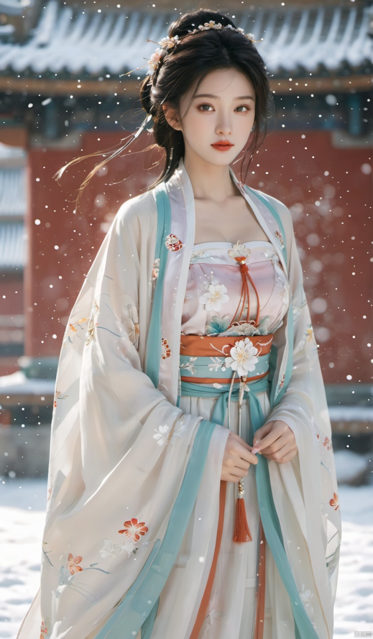  arien_hanfu,1girl,(Masterpiece:1.2), best quality, arien_hanfu,1girl, (falling_snow:1.3), looking_at_viewer,(big breasts:1.88), (plump breasts:1.7),(Tube top Hanfu:1.2),hand101,full body, 1girl
In this masterpiece artwork of the highest quality (Masterpiece version 1.2), an Arien woman dressed in a modernized hanfu style featuring a tube top design (Tube top Hanfu: 1.2) is depicted (arien_hanfu, 1girl). Against a backdrop of falling snowflakes (falling_snow: 1.3), she gazes directly at the viewer (looking_at_viewer), creating a distinct and profound sense of engagement.

The female figure in the painting possesses generously proportioned attributes, characterized by larger-than-average breasts (big breasts: 1.88) and plumpness (plump breasts: 1.7), which harmoniously complement her form-fitting upper garment in traditional Chinese attire.

The composition presents a full-body portrait (full body), with intricate attention given to the detail of the woman's hands identified as hand101,