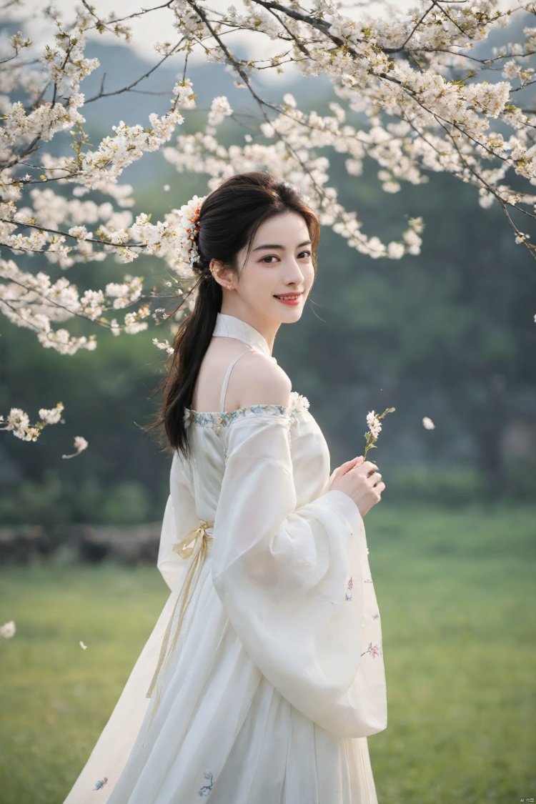  best quality, masterpiece,cowboy_shot,(Good structure),,a girl,xianjing,Off-the-shoulder, bust photo,upper body,Hanfu, Cloud, Smoke,branch,flower, smile,Gaze at the audience, Ink scattering_Chinese style, ((poakl)), ,looking_at_viewer,kind smile, , chinese dress,white dress, liuyifei,long_hair, Anne Hathaway