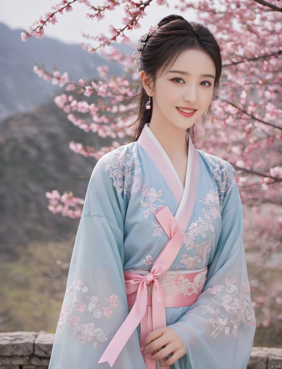  4k, photo, realistic, best quality,highres, ultra-detailed,ultra high res,((photorealistic, 8K)),from above, upper body, (face me),(big breasts:1.6),(beauty **** girl:1.6), (black hair),
huge breasts, **** face,twin tails, smile, aqua_eyes,
(fair skin), tender skin, huge breasts,(pink ribbon around neck:1.5), standing,(owe blue Hanfu lace long skirt:1.2),
Under the peach blossom tree, mountains and rivers in the distance, liuyifei, liuyifei, 1girl,moyou, liuyife, yaya