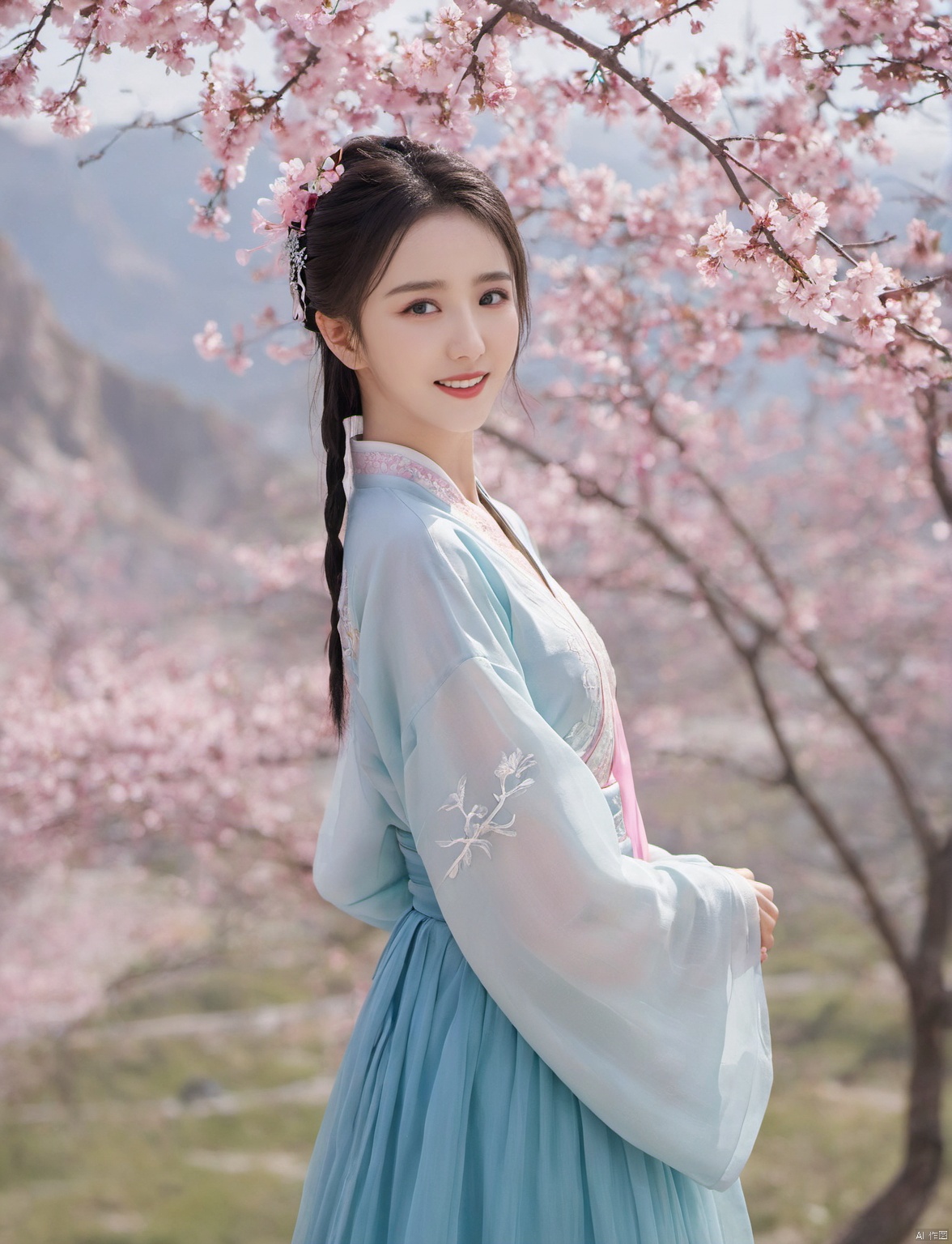  4k, photo, realistic, best quality,highres, ultra-detailed,ultra high res,((photorealistic, 8K)),from above, upper body, (face me),(big breasts:1.6),(beauty **** girl:1.6), (black hair),
huge breasts, **** face,twin tails, smile, aqua_eyes,
(fair skin), tender skin, huge breasts,(pink ribbon around neck:1.5), standing,(owe blue Hanfu lace long skirt:1.2),
Under the peach blossom tree, mountains and rivers in the distance, liuyifei, liuyifei, 1girl,moyou, liuyife, yaya
