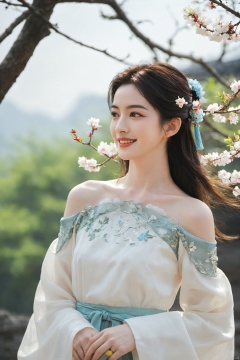  best quality, masterpiece,cowboy_shot,(Good structure),,a girl,xianjing,Off-the-shoulder, bust photo,upper body,Hanfu, Cloud, Smoke,branch,flower, smile,Gaze at the audience, Ink scattering_Chinese style, ((poakl)), ,looking_at_viewer,kind smile, , chinese dress,white dress, liuyifei,long_hair, Anne Hathaway