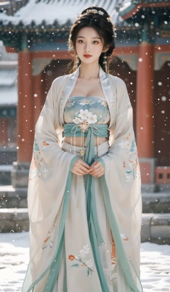  arien_hanfu,1girl,(Masterpiece:1.2), best quality, arien_hanfu,1girl, (falling_snow:1.3), looking_at_viewer,(big breasts:1.88), (plump breasts:1.7),(Tube top Hanfu:1.2),hand101,full body, 1girl
In this masterpiece artwork of the highest quality (Masterpiece version 1.2), an Arien woman dressed in a modernized hanfu style featuring a tube top design (Tube top Hanfu: 1.2) is depicted (arien_hanfu, 1girl). Against a backdrop of falling snowflakes (falling_snow: 1.3), she gazes directly at the viewer (looking_at_viewer), creating a distinct and profound sense of engagement.

The female figure in the painting possesses generously proportioned attributes, characterized by larger-than-average breasts (big breasts: 1.88) and plumpness (plump breasts: 1.7), which harmoniously complement her form-fitting upper garment in traditional Chinese attire.

The composition presents a full-body portrait (full body), with intricate attention given to the detail of the woman's hands identified as hand101,