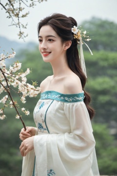  best quality, masterpiece,cowboy_shot,(Good structure),,a girl,xianjing,Off-the-shoulder, bust photo,upper body,Hanfu, Cloud, Smoke,branch,flower, smile,Gaze at the audience, Ink scattering_Chinese style, ((poakl)), ,looking_at_viewer,kind smile, , chinese dress,white dress, liuyifei,long_hair, Anne Hathaway