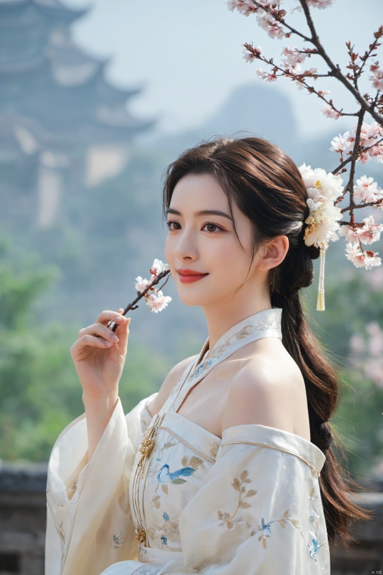  best quality, masterpiece,cowboy_shot,(Good structure),,a girl,xianjing,Off-the-shoulder, bust photo,upper body,Hanfu, Cloud, Smoke,branch,flower, smile,Gaze at the audience, Ink scattering_Chinese style, ((poakl)), ,looking_at_viewer,kind smile, , chinese dress,white dress, liuyifei,long_hair, Anne Hathaway