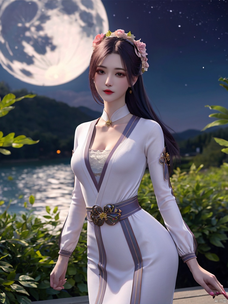 best quality, masterpiece, highres,Beautifulface
flower sea,starry_night,full_moon,
1girl,medium breasts,slender,glamor,narrow_waist,
nangong-xier