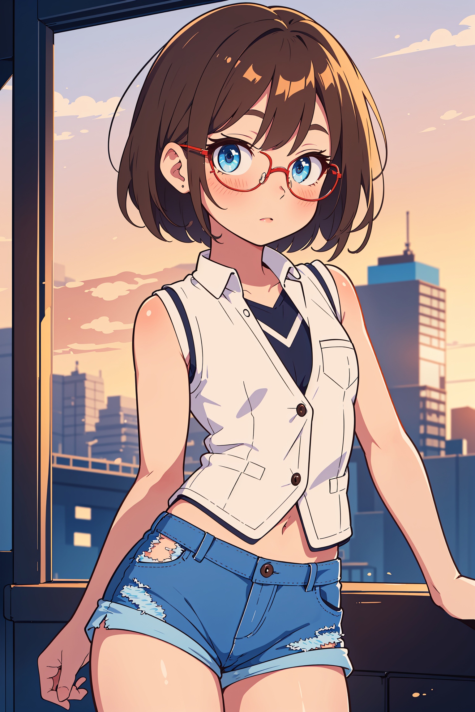 (((white vest,  blue jean shorts))),  sunset on Tensor.Art