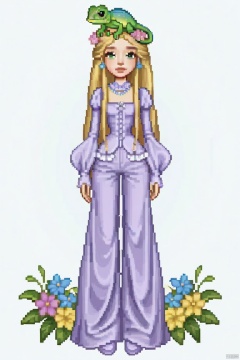 Disney Princess Rapunzel wears Y2K style purple clothes and pants. Her hair is longer than her whole height.A little green chameleon stands on her head. Colorful flower elements surround her body. Simple pose, full body(1), delicate accessories, everskies(1), QQshow, pixel style, masterpiece , everskies