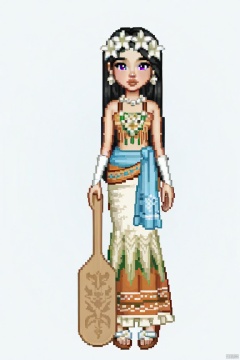 Disney Princess Moana wears Y2K-style bohemian costumes. She has a paddle decorated with white flowers in her hand. Simple pose, full body(1), delicate accessories, everskies(1), QQshow, pixel style, masterpiece , everskies