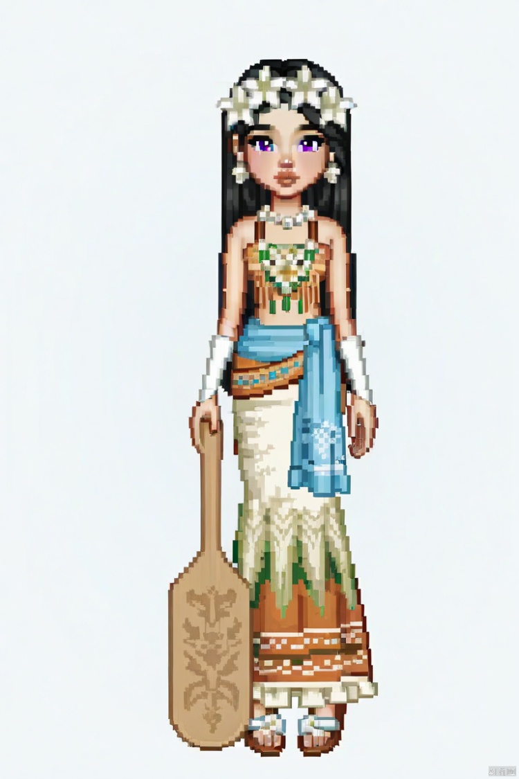 Disney Princess Moana wears Y2K-style bohemian costumes. She has a paddle decorated with white flowers in her hand. Simple pose, full body(1), delicate accessories, everskies(1), QQshow, pixel style, masterpiece , everskies