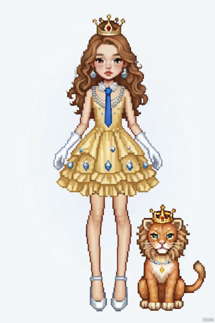 A girl with honey brown princess hair is wearing A yellow ruffled dress with a lion pattern. He wears gloves and shoes in the shape of lion's claws. She wears a beautiful crown made of diamonds. An orange cat with a blue tie followed her. Simple pose, full body(1), delicate accessories, everskies(1), QQshow, pixel style, masterpiece , everskies