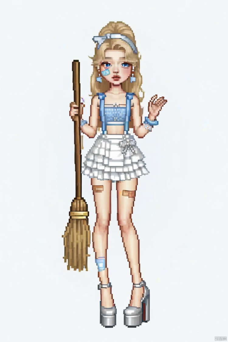 A girl with golden princess hair is wearing a blue suspender gauze skirt and transparent platform high heels. She has a golden broom in her hand. Her legs are decorated with band-AIDS. Simple pose, full body(1), delicate accessories, everskies(1), QQshow, pixel style, masterpiece , everskies
