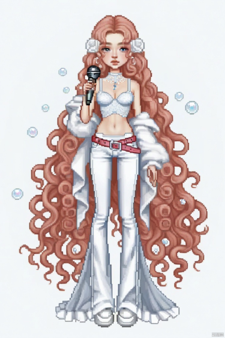 A girl with Strawberry red ultra-long curly hair is wearing a Shell-shaped white underwear, white underwear, pink belt and slim flared jeans with a lot of embroidery. Many white roses and transparent bubbles decorate her hairs. A blue microphone decorated with diamonds is in her hand. Simple pose, full body, delicate accessories, everskies(1), QQshow, pixel style, masterpiece , everskies