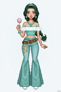 Disney Princess Jasmine has a very thick black  big braid. She is wearing a off-the-shoulder mint green T-shirt that decorated with white tulle and Flared jeans. Hairband made of precious stones and gold, necklaces, earrings and belts. A huge lollipop in her hand. Simple pose, full body(1), delicate accessories, everskies(1), QQshow, pixel style, masterpiece , everskies