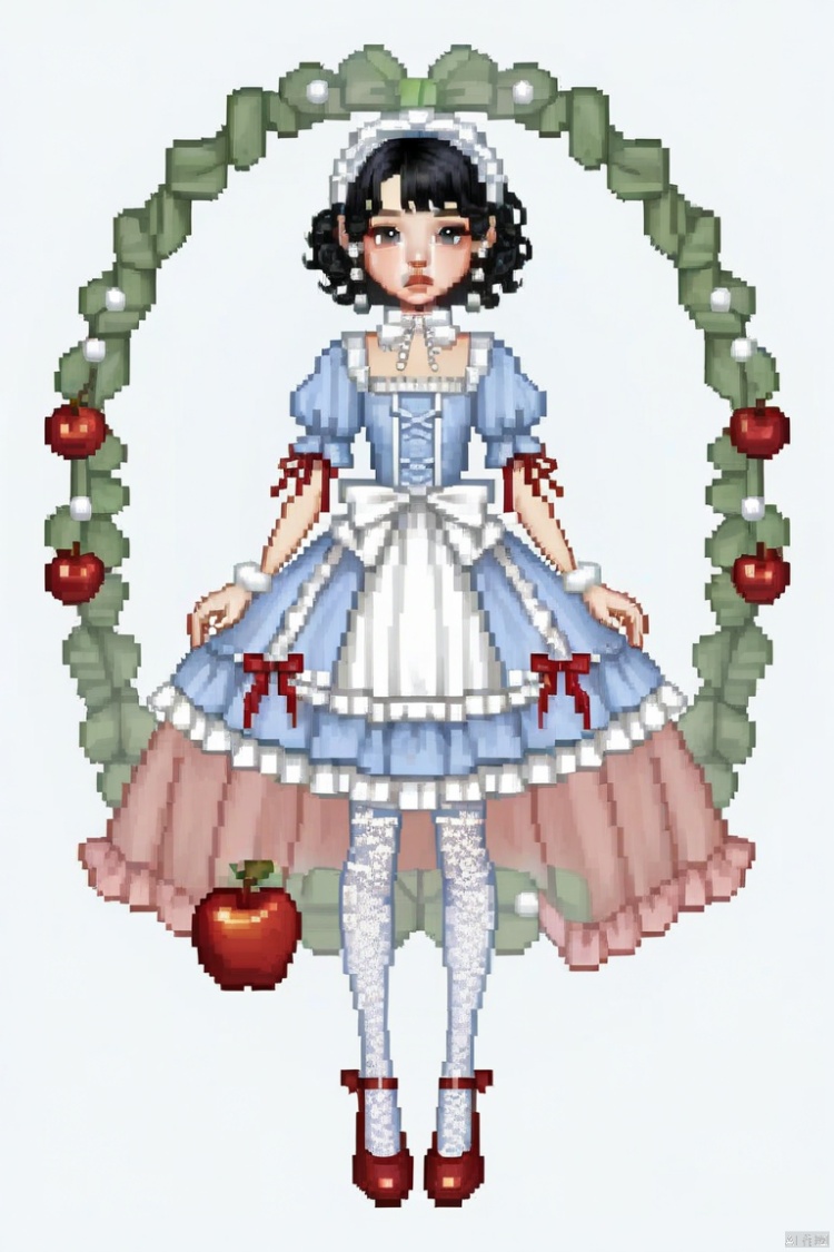 A girl with short black curly hair, wearing a blue bubble sleeve lolita fashion top and a red and white fluffy skirt decorated with many white pearls and bows. She has a red apple doll in one hand and a needle in the other. She is wearing red shoes and lace stockings.  She looks like Snow White. Simple pose, full body, delicate accessories, everskies(1), QQshow, pixel style, masterpiece , everskies