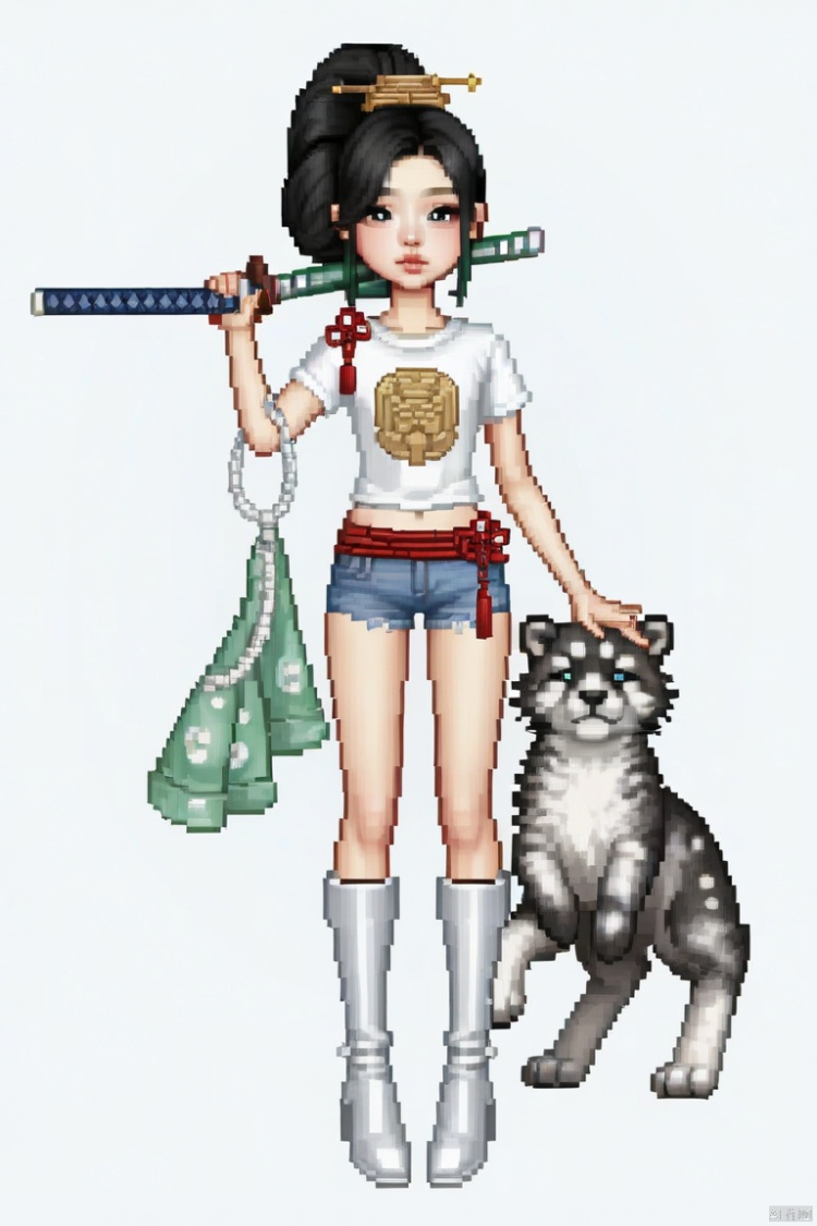 A girl with a high black ponytail hairs and a red rope on her head. She was wearing a white T-shirt and blue denim shorts with portraits of ancient China soldiers, a black and white spotted fur,  and silver boots. She is adorned with jade all over her boby. A China sword is in her hand. Simple pose, full body(1), delicate accessories, everskies(1), QQshow, pixel style, masterpiece , everskies