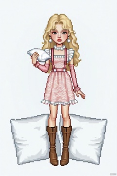A girl with long blond hair and exaggerated 1980s style is wearing a pink lace dress with suspenders and brown boots. She has a white pillow in her hand. The canary surrounded her. Simple pose, full body(1), delicate accessories, everskies(1), QQshow, pixel style, masterpiece , everskies