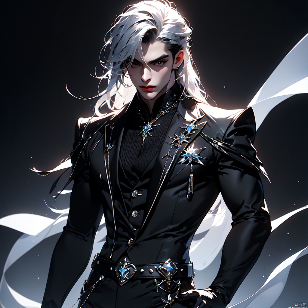 {very detailed light},{painting},{{very fine 8K CG wallpaper}}, (Premium, Best Quality, Art, Beauty and Aesthetics: 1.2), 1boy,long hair, solo, kula diamond, ice, purple eyes,gloves, hand on hip, belt, lips,gothic